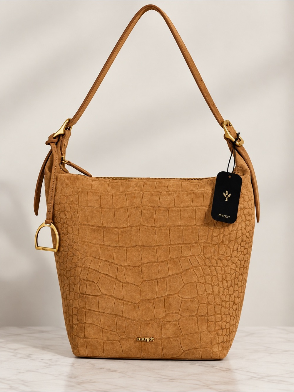 Margot Brown Suede Croc Embossed Shoulder Bag